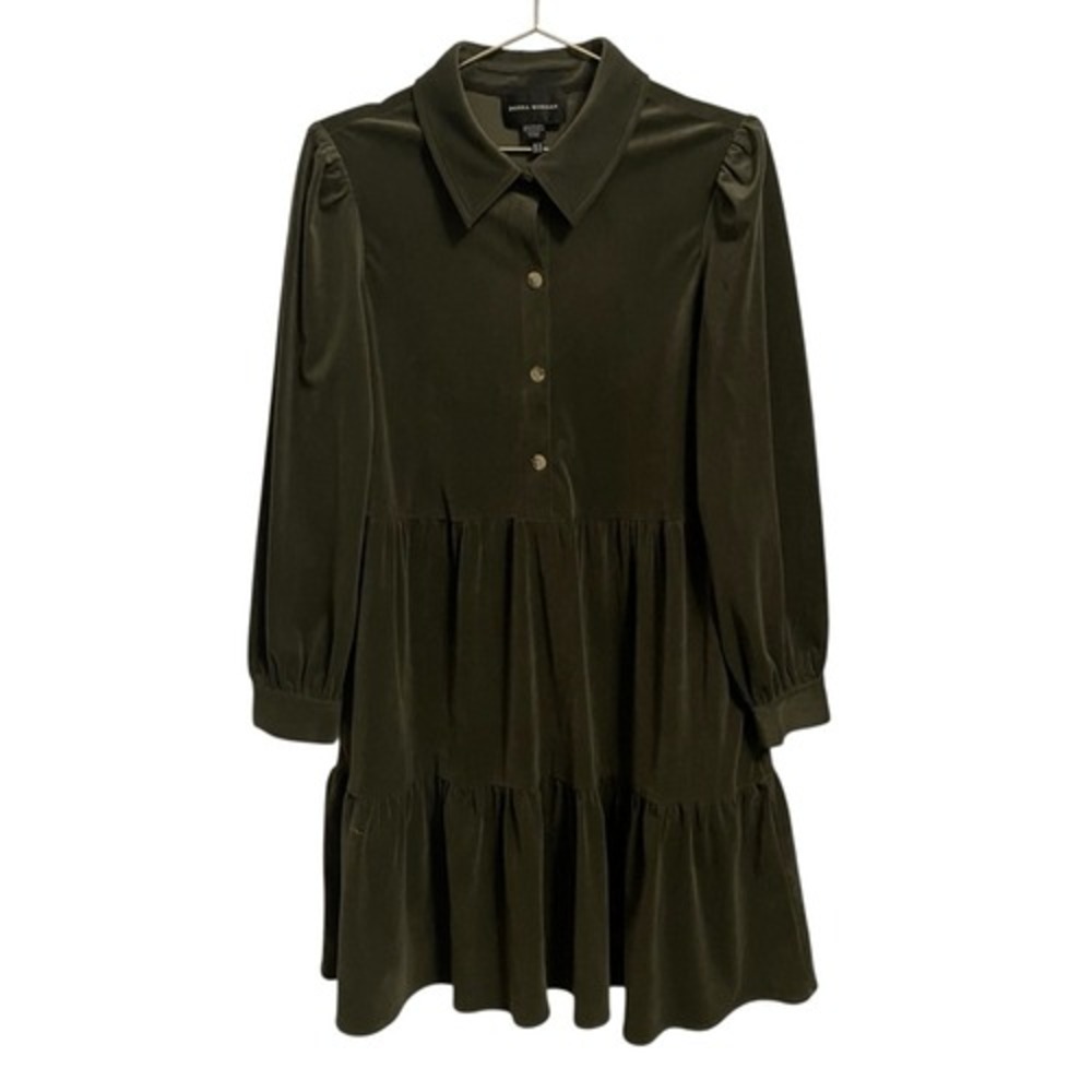 Donna Morgan Olive Green Corduroy Tiered Babydoll Shirt Dress Size 12